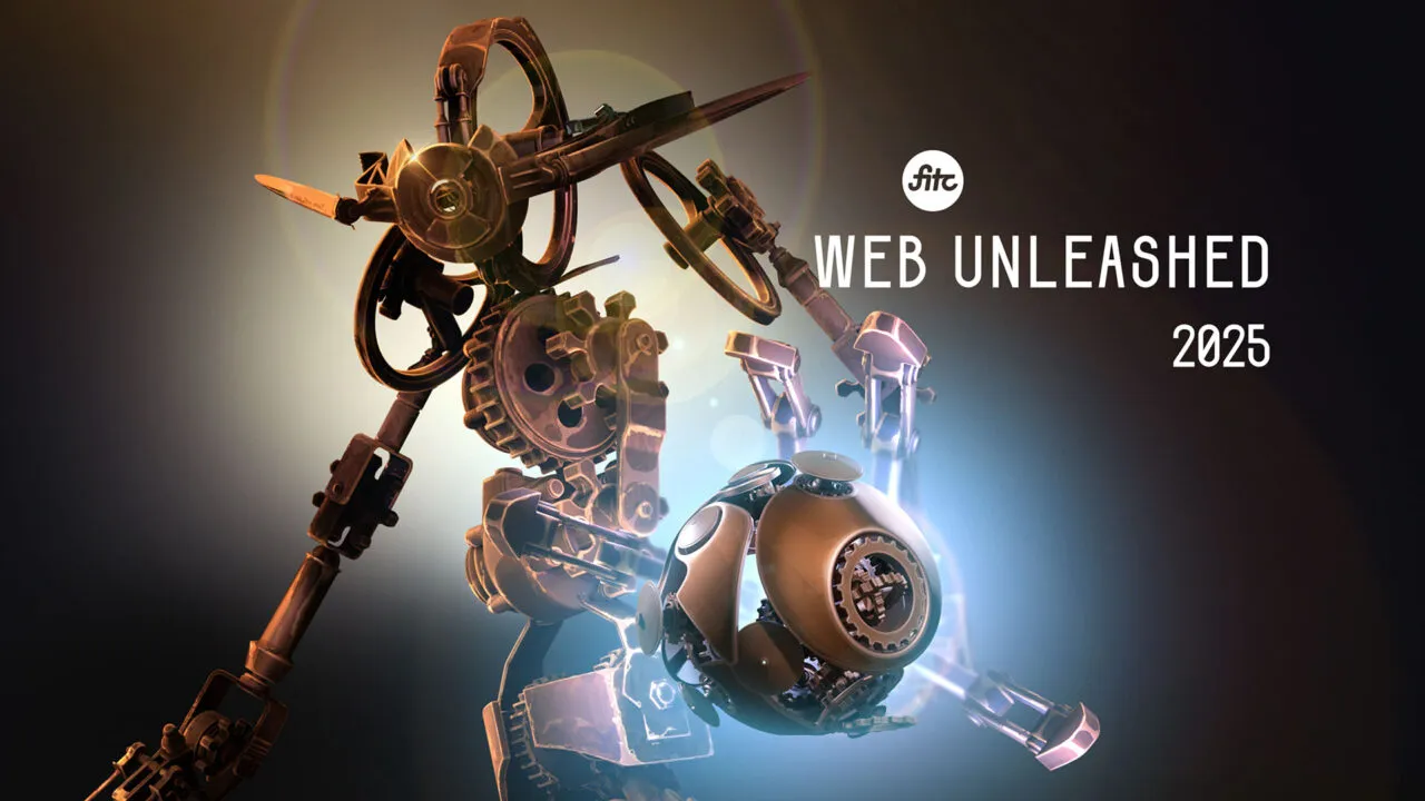 FITC Web Unleashed 2025 Cover. In the center is a Humanoid Robot and a robot in the shape of a ball.